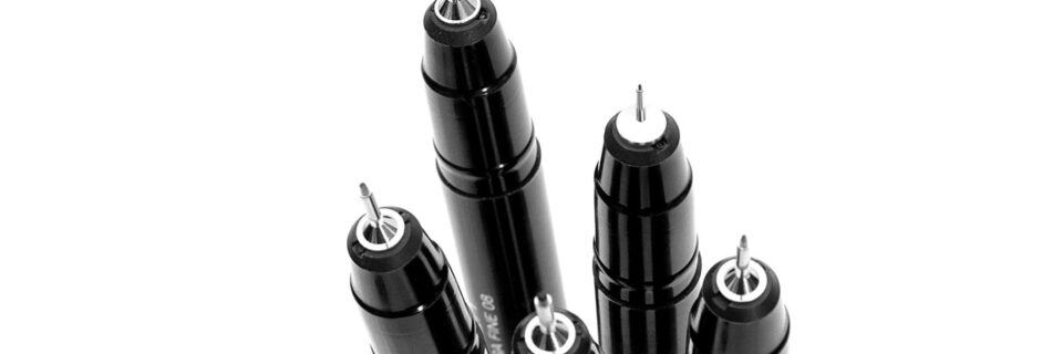 A product photo of five different sized markers.