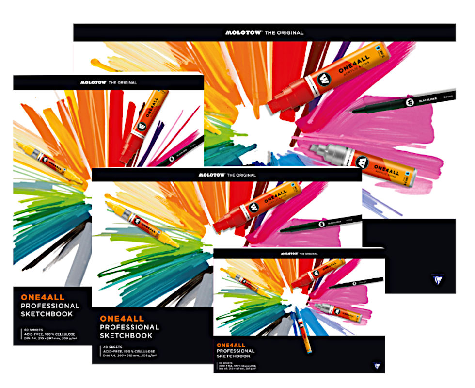 Sketchbooks with colorful covers piled on top of each other.