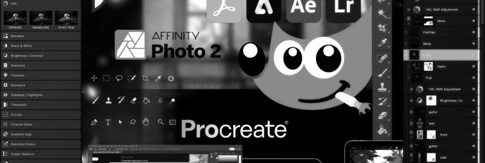 Various of views and symbols of photoediting software.