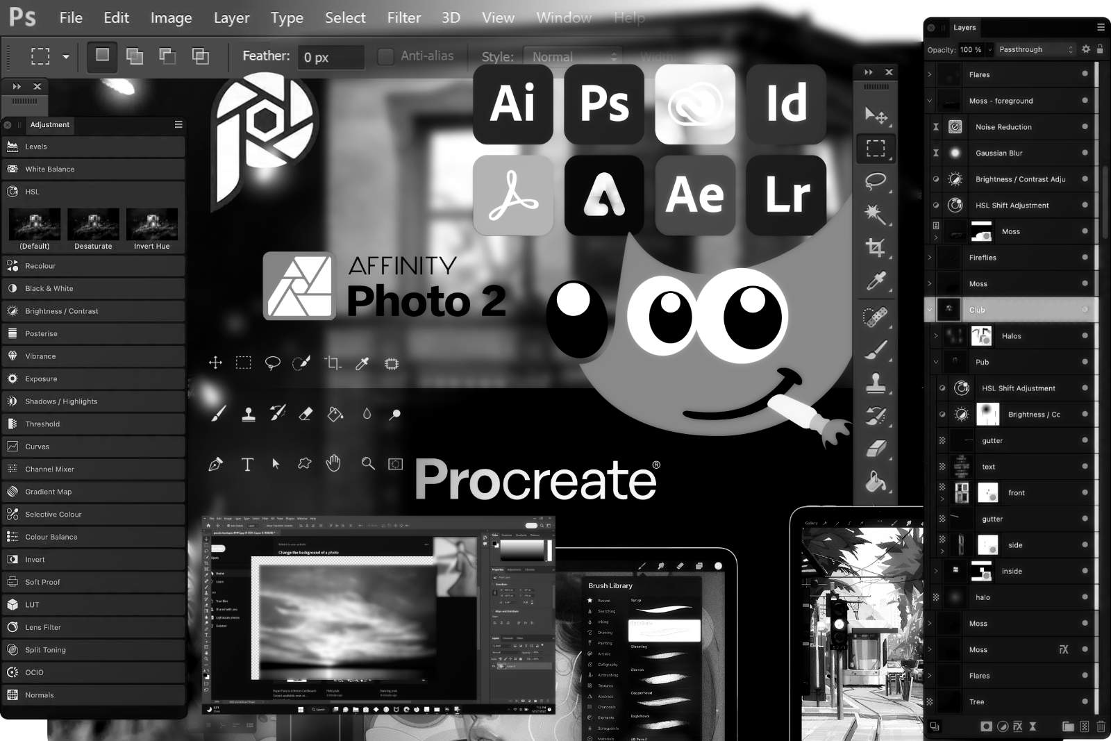 Various of views and symbols of photoediting software.