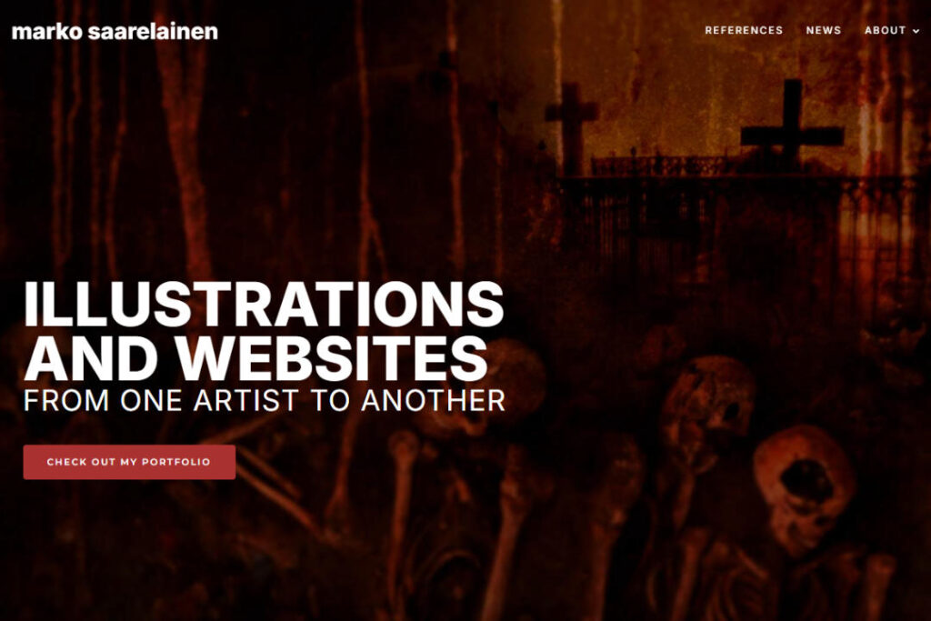 Screenshot from MarkoSaarelainen.com front page, reddish edited picture of skulls and cemetary, with the website title and slogan on top of it.